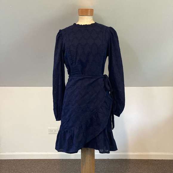 J. Crew Navy Puff Sleeve Wrap Dress - Picture 3 of 9